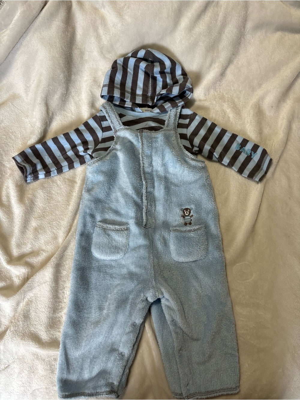 Vintage Y2K greendog Blue Plush Overalls with Brown & Blue Striped Hoodie 6-9 mo